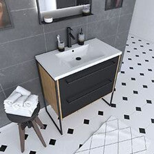 Meuble De Salle De Bain 80x50cm - Vasque Blanche 80x50cm - 2 Tiroirs Noir Mat