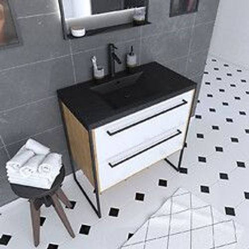 Meuble De Salle De Bain 80x50cm - Vasque Noir Effet Pierre 80x50cm - 2 Tiroirs