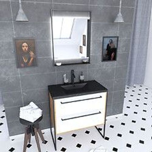 Meuble De Salle De Bain 80x50cm - Vasque Noir Effet Pierre 80x50cm - 2 Tiroirs - Miroir Led
