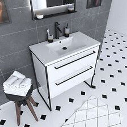 Meuble De Salle De Bain 80x50cm Blanc - 2 Tiroirs - Vasque Resine Blanche - Pieds Et Poignées