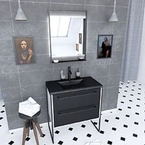 Meuble De Salle De Bain 80x50cm Blanc - 2 Tiroirs - Vasque Resine Noire Effet Pierre - Miroir Led
