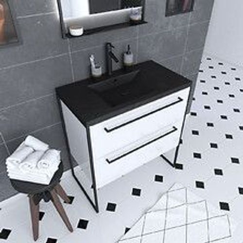 Meuble De Salle De Bain 80x50cm Blanc - 2 Tiroirs Blanc - Vasque Resine Noire Effet Pierre