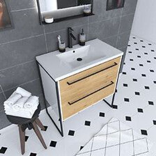 Meuble De Salle De Bain 80x50cm Blanc - 2 Tiroirs Chêne Naturel - Vasque Blanche - Structura F023