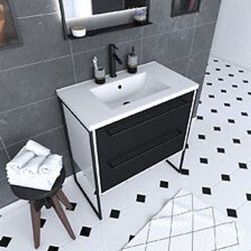 Meuble De Salle De Bain 80x50cm Blanc - 2 Tiroirs Noir Mat - Vasque Résine Blanche - Structura P021