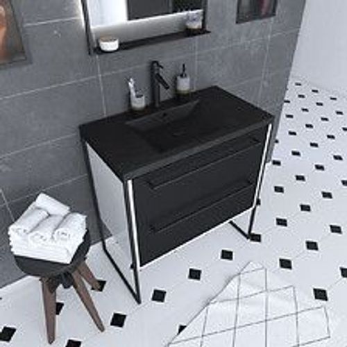 Meuble De Salle De Bain 80x50cm Blanc - 2 Tiroirs Noir Mat - Vasque Resine Noire Effet Pierre