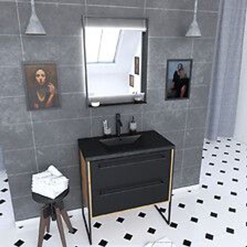 Meuble De Salle De Bain 80x50cm Chene Brun - 2 Tiroirs - Vasque Resine Noire Effet Pierre - Miroir