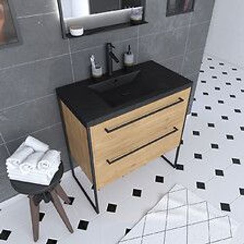 Meuble De Salle De Bain 80x50cm Chêne Brun - 2 Tiroirs Chêne Brun- Vasque Résine Noire Effet Pierre