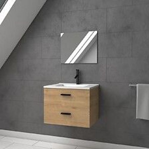 Meuble Salle De Bain 60 Cm Suspendu 2 Tiroirs Finition Bois Avec Vasque Et Miroir - Box-In 60 Wood