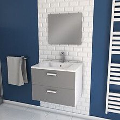 Meuble Salle De Bain 60 Cm Suspendu 2 Tiroirs Gris Avec Vasque Et Miroir - Box-In 60 Grey