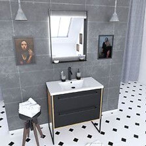 Meuble Salle De Bain 80x50cm - Vasque Blanche 80x50 Cm - 2 Tiroirs Noir Mat + Miroir Led
