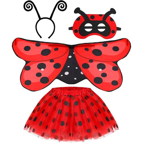 4 Pièces Costume De Coccinelle Pour Enfant Filles, Déguisement De Coccinelle Ladybug Tutu Jupe Ailes Baguette Et Serre-Tête Pour Halloween Carnaval Cosplay