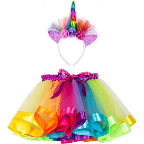 Deguisement Licorne Fille Princess Enfant, Jupe Tutu En Ruban Bandeau Licorne,Costume Licorne Pour Carnaval Fête Anniversaire Cadeaux Pour Filles