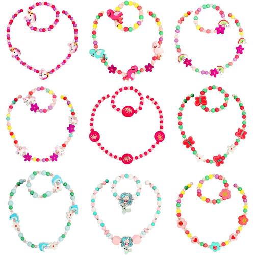 Bijoux Enfants Fille Collier Bracelet Set 8, Licorne Sirène Flamant Papillon Arc En Ciel Bois Perles Bijoux De Fantaisie Cadeaux De Fête Cadeau