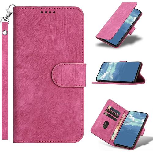 Coque Pour Xiaomi Redmi Note 8 Pro,Protection Housse En Cuir Premium Pochette Rabat Portefeuille Clapet Magnétique Flip Étui Avec Béquille Et Fentes De Cartes,Antichoc Case-Rose Vif