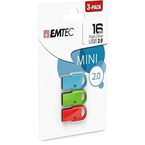 Emtec D250 Mini - Clé USB - 16 Go - USB 2.0 - bleu, rouge, vert (pack de 3)