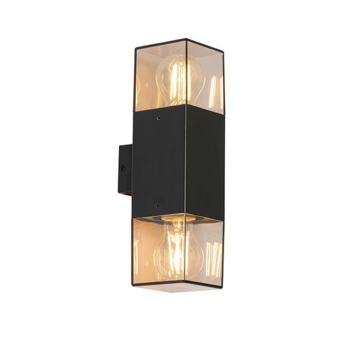 Qazqa Moderne Buiten Wandlamp Zwart Met Smoke Kap 2-Lichts Ip44 - Denmark Aluminium /Plastique Gris,Noir Oblongue / ÃClairage Dessus Dessous / Extã©Rieur / Jardin / Luminaire / Lumiere E27...