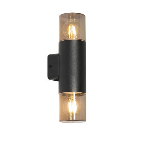 Qazqa Moderne Moderne Buiten Wandlamp Zwart 2-Lichts Ip44 - Odense Aluminium /Plastique Gris,Noir Rond / Extã©Rieur / Jardin / Luminaire / Lumiere / ÃClairage E27 Max. 2 X 15 Watt