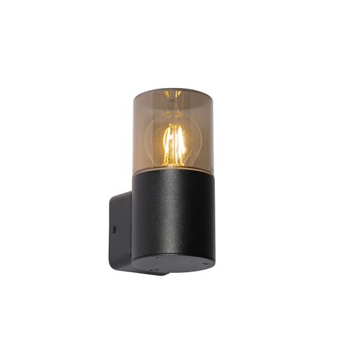 Qazqa Moderne Moderne Buiten Wandlamp Zwart Met Smoke Kap Ip44 - Odense Aluminium /Plastique Gris,Noir Rond / Extã©Rieur / Jardin / Luminaire / Lumiere / ÃClairage E27 Max. 1 X 15 Watt