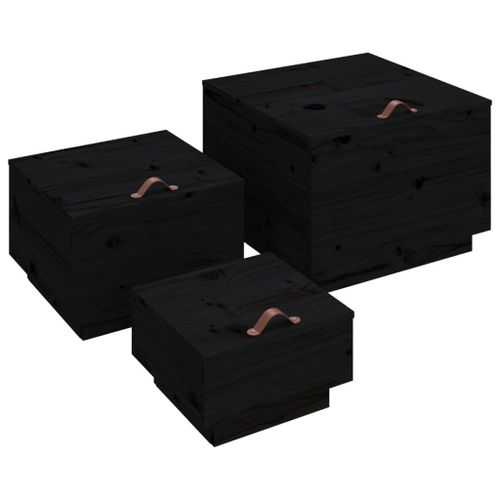 vidaXL Boîtes de rangement et couvercles 3 pcs Noir Bois massif de pin