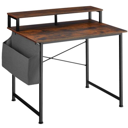 Table De Bureau Avec Étagère De Rangement Et Poche En Tissu - Bois Foncé Industriel - 120 Cm