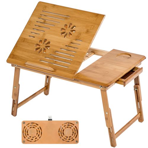 TECTAKE Table de lit pour ordinateur Tablette Liseuse en bambou réglable en hauteur inclinable & pliable + USB Ventilateur