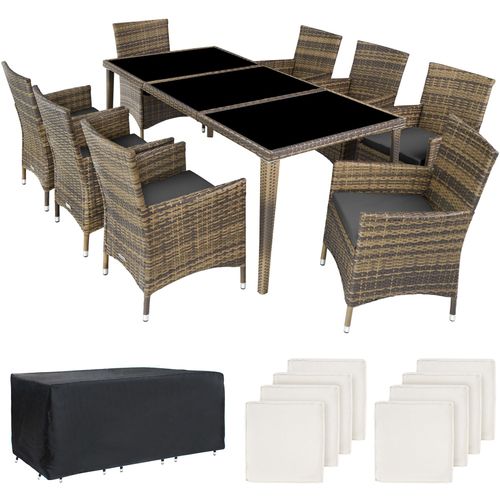 Salon De Jardin Monaco 8 Places Avec 2 Sets De Housses + Housse De Protection - Marron Naturel