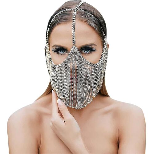 Femmes Mascarade Tête En Métal Chaîne Masque Visage Casque Chaîne Bijoux Pour Fête Discothèque Danse Halloween Cosplay