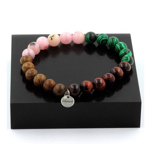 Bracelet Perles Opale Rose + Oeil De Tigre Rouge + Malachite + Bois 8 Fabriqué En France.