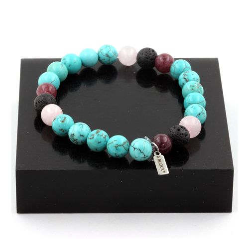 Bracelet Perles Turquoise + Lépidolite + Lave + Quartz Rose 8 Mm. Fabriqué En France.