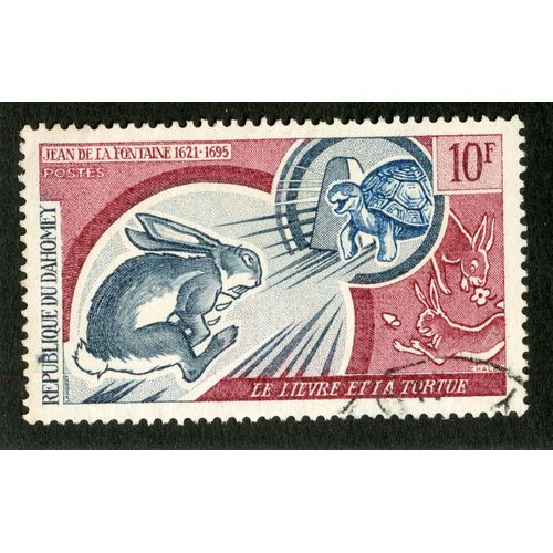 Timbre Oblitéré République Du Dahomay, Jean De La Fontaine 1621-1695, Le Lièvre Et La Tortue, Postes, 10 F, Lambert, Chaley