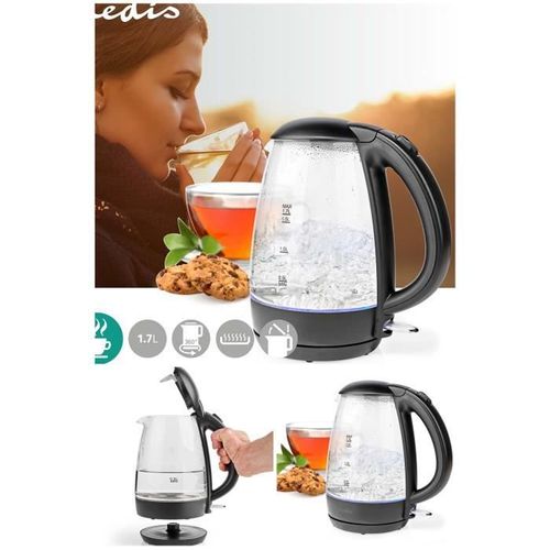 Bouilloire en Verre Noire 1.7L Sans Fil 2200W LED BLEUE Fonction Arre?t automatique