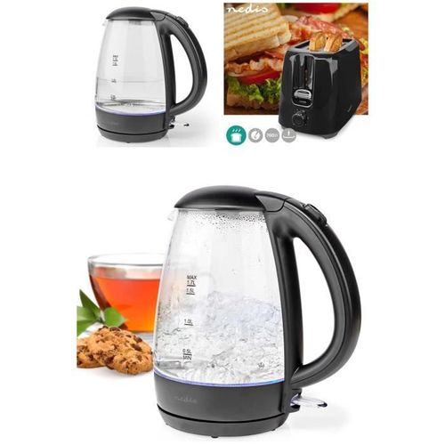 Bouilloire en Verre Noire 1.7L Sans Fil 2200W LED BLEUE Fonction Arre?t automatique + Grille-pain Noir 2 Fentes 700W