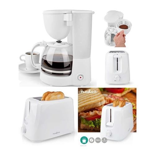 Cafetière Machine À Café Electrique Blanche 1.25l 750w + Grille-Pain Blanc 2 Fentes 700w 6 Niveaux De Cuisson