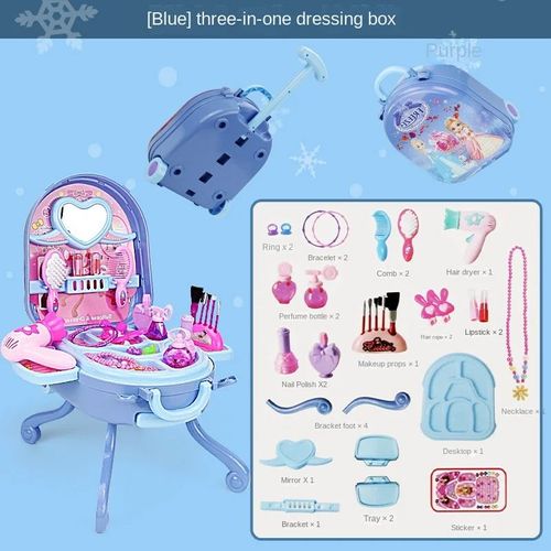 Ensemble De Jouets De Maquillage Pour Enfants,Cosmétiques Pour Filles,Cosplay,Commode De Princesse,Rouge À Lèvres,Valise,Cadeau D'anniversaire,3 En 1 - Type Blue
