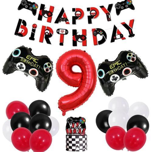 Jeu De Déco Pour Fête D'anniversaire Garçon 9 Ans Jeu Vidéo Fête D'anniversaire Accessoires De Décoration Avec Bannière Noir Et Rouge Déco De Gâteau Pour Garçon Au 9e An Décoration D'anniversaire