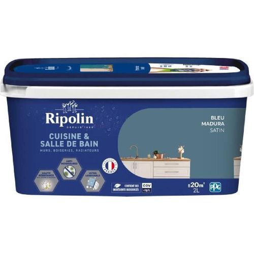 Peinture murs. boiseries. plafonds. radiateurs - RIPOLIN - Cuisine et bain - 2 L - Bleu Madura