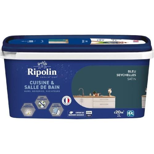 Peinture murs. boiseries. plafonds. radiateurs - RIPOLIN - Cuisine et bain - 2 L - Bleu Seychelles