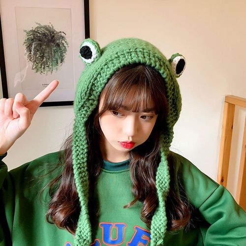 Bonnet Tricoté En Forme De Grenouille Pour Femme,Mignon,Skullies,Costume,Accessoire,Cadeaux Chauds D'hiver