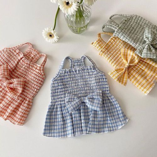 Jupe À Bretelles Avec N?ud Pour Chien,Robe D'été Pour Chien,Vêtements À Rayures Fines,Chihuahua Coréen,Vêtements Pour Chiots,T-Shirt Pour Chien - Type Blue 1-Xs