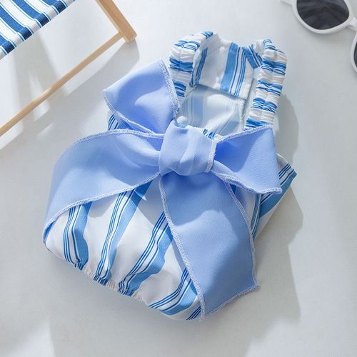 Jupe À Bretelles Avec N?ud Pour Chien,Robe D'été Pour Chien,Vêtements À Rayures Fines,Chihuahua Coréen,Vêtements Pour Chiots,T-Shirt Pour Chien - Type Blue-Xxl