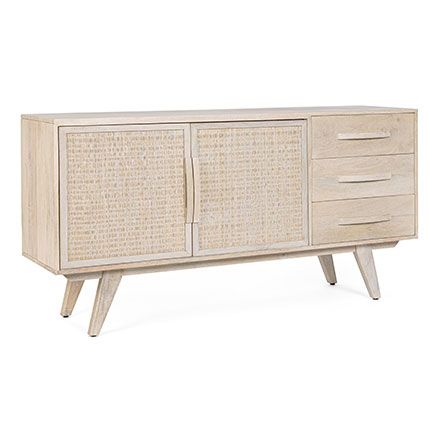 Buffet 2 Portes 3 Tiroirs 155x40x80 Cm En Manguier Blanchi - Modjo