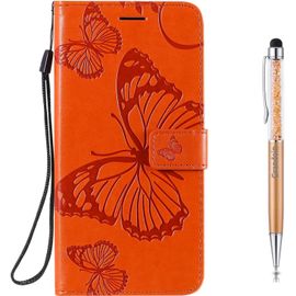 Coque Pour Samsung Galaxy A21s, Papillon Gaufrage Pu Premium Bookstyle Flip Tpu Souple Phone Case Fermeture (Orange