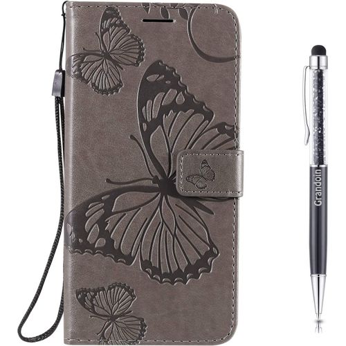 Coque Pour Samsung Galaxy A71 5g, Papillon Gaufrage Pu Premium Bookstyle Flip Tpu Souple Phone Case Fermeture (Grise