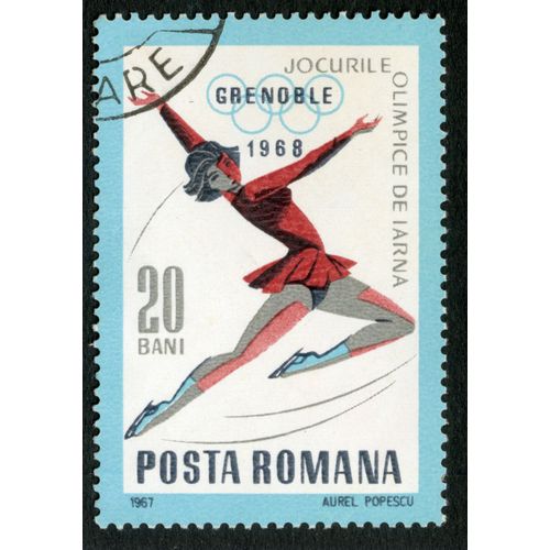 Timbre Oblitéré Posta Romana, Grenoble 1968, Jocurile Olimpice De Iarna, 20 Bani, 1967, Aurel Popescu