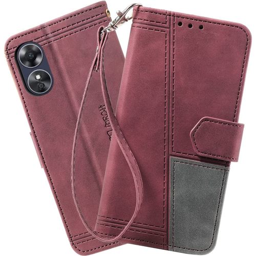 Coque Compatible Avec Oppo A17 4g, Portefeuille Housse En Cuir Pu Pour Oppo A17 4g, Magnetique Antichoc Flip Coque, Vin Rouge