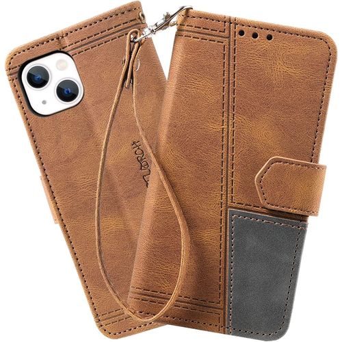 Coque Compatible Avec Iphone 14, Portefeuille Housse En Cuir Pu Pour Iphone 14, Magnetique Antichoc Flip Coque, Brun