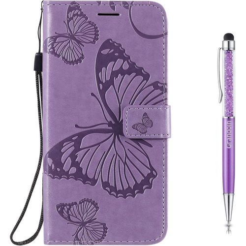 Coque Pour Huawei P40 Lite E /Y7p /Honor 9c, Papillon Gaufrage Pu Bookstyle Flip Tpu Souple Phone Case Fermeture (Violet