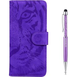 Coque Pour Redmi 9c, [Gaufrage De Tigre] Bookstyle Flip Cover De En Pu Cuir Tpu Souple Phone Case Pour Xiaomi Redmi 9c(Violet)