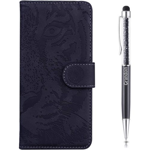 Coque Pour Redmi Note 9 Pro, [Gaufrage De Tigre] Bookstyle Flip Cover De En Pu Cuir Tpu Souple Phone Case Pour Xiaomi Redmi Note 9 Pro(Noir)