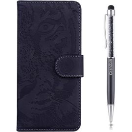 Coque Pour Xiaomi Mi 10 / Mi 10 Pro, [Gaufrage De Tigre] Bookstyle Flip Cover De En Pu Cuir Tpu Souple Phone Case Pour Xiaomi Mi 10 / Mi 10 Pro(Noir)